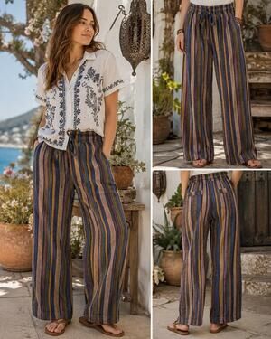 Earthbound Trading Co Pants Womens M Striped Drawstring Wide Leg Boho Nepal